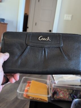 Coach Ashley Black Leather Zip Wallet with Silver Logo